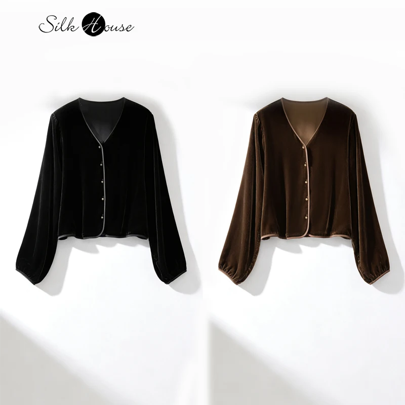 

2026 Women's Spring/Autumn New 30% Natural Mulberry Silk Velvet V-neck Lantern Long Sleeved Loose Versatile Cardigan Short Coat