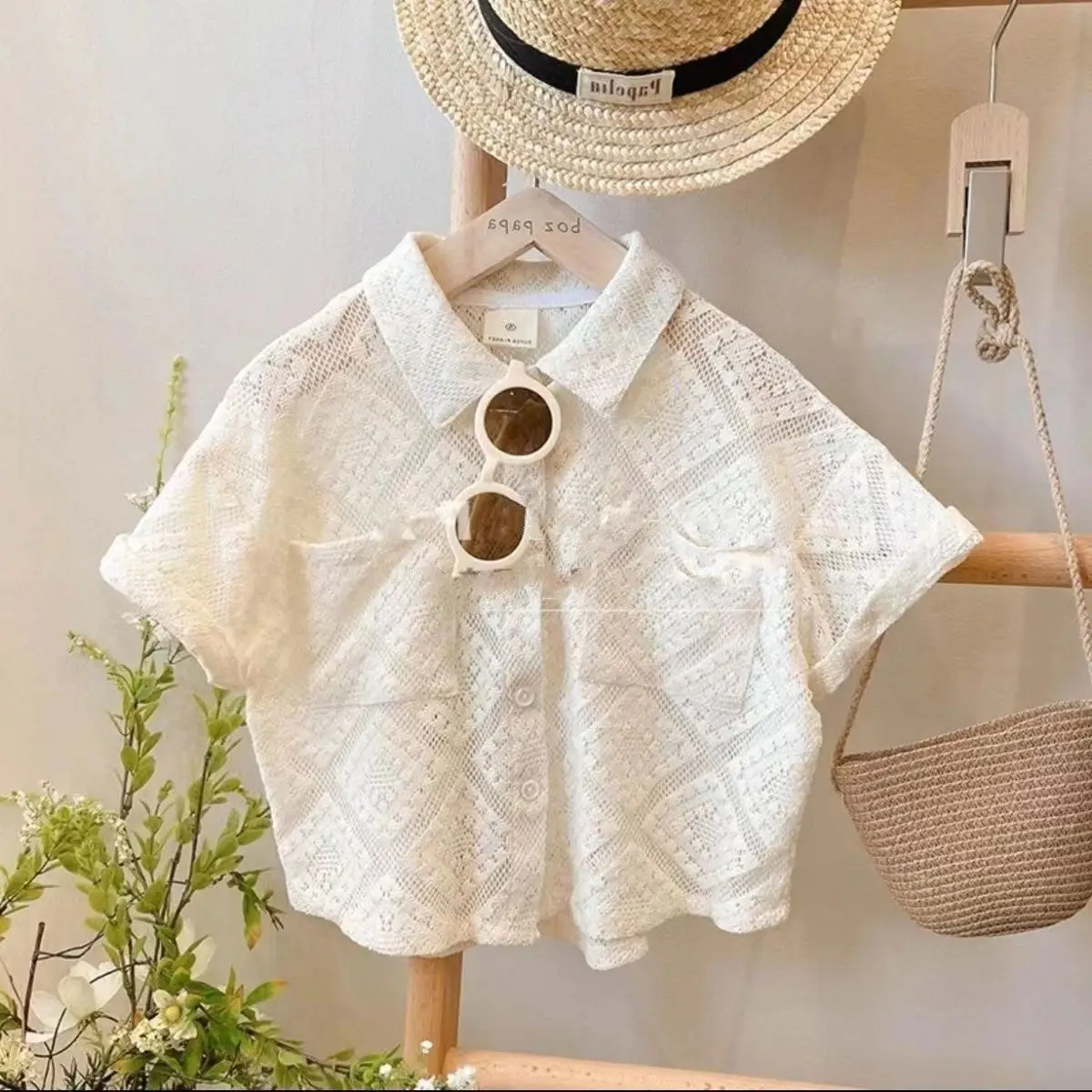 New Chinese Style Summer New Solid Color Simple and Fashionable Cute Short Sleeved Shirt Trend Hollowed Out Shirt