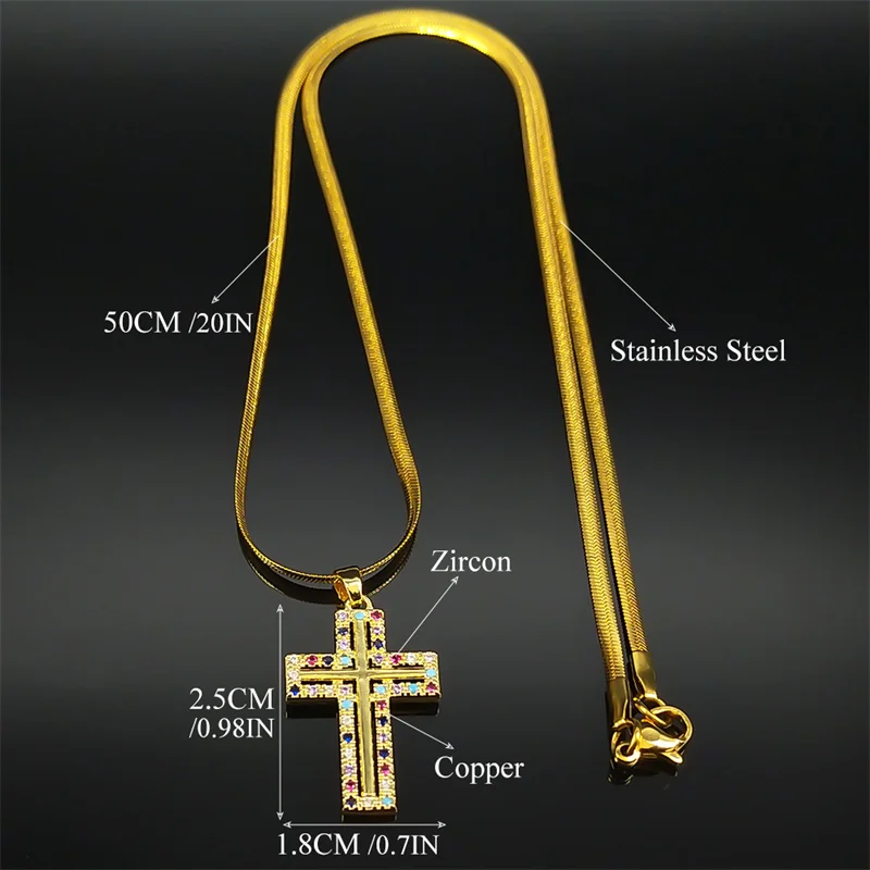 Colorful Jesus Cross Pendant Necklace for Women Stainless Steel Gold Plated Copper Zircon Religious Amulet Jewelry Party Gift