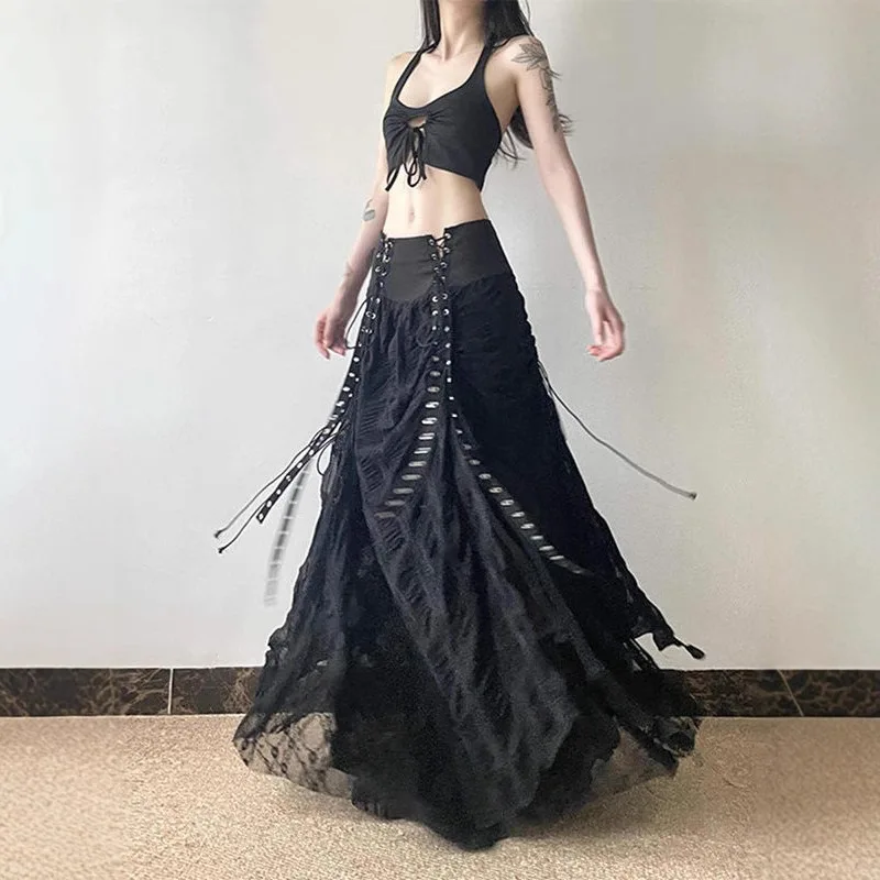 Gonna patchwork con cinturino retrò stile scuro per donna Nuova gonna a trapezio High Street Gonna di media lunghezza