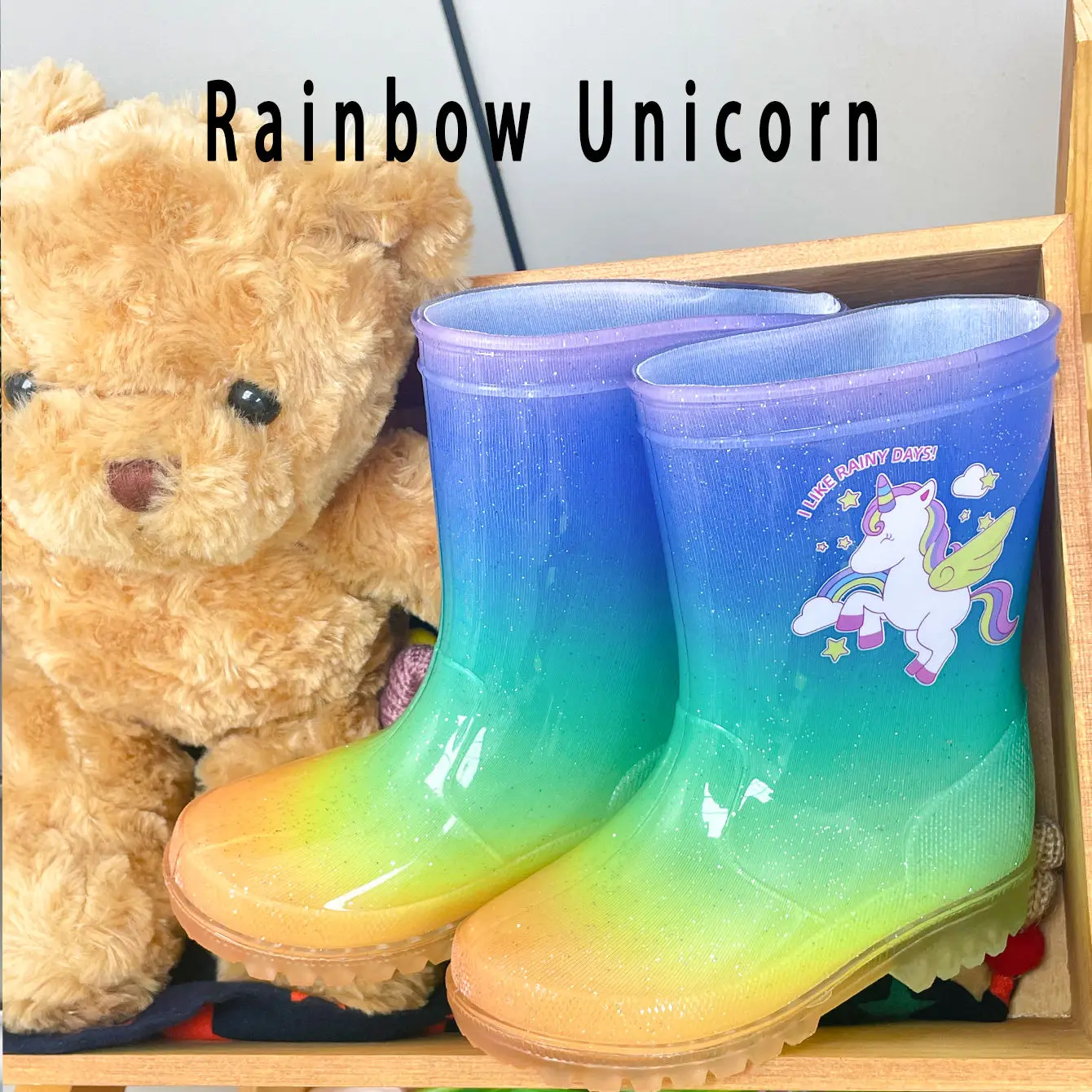 Chłopcy i dziewczęta Outdoor Cute Cartoon Unicorn Sequin PVC Rain Boots - wodoodporne, antypoślizgowe, odporne na zużycie, na każdą porę roku