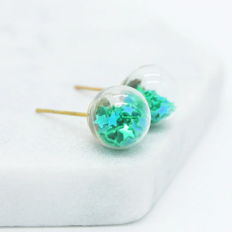 New Fashion Design 10MM Glass Ball Colorful Stars Glitter Beads Gravel Small Earrings for Women Temperament Small Girls Gifts
