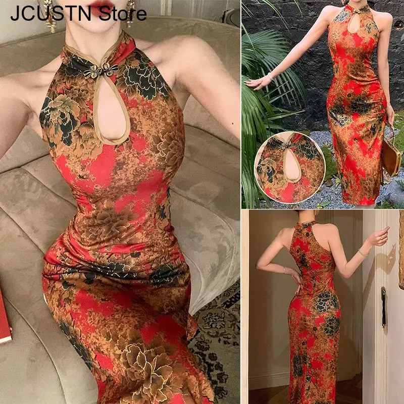 Sexy Party Dress Women New Chinese Style Qipao Dresses Vintage Slim Sleeveless Evening Vestidos Halter Printed Split Cheongsam