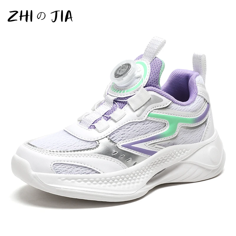 Children's Spring and Summer New Rotating Buckle Sneaker Mesh Breathable Lightweight Running Shoes Student Campus White Shoes