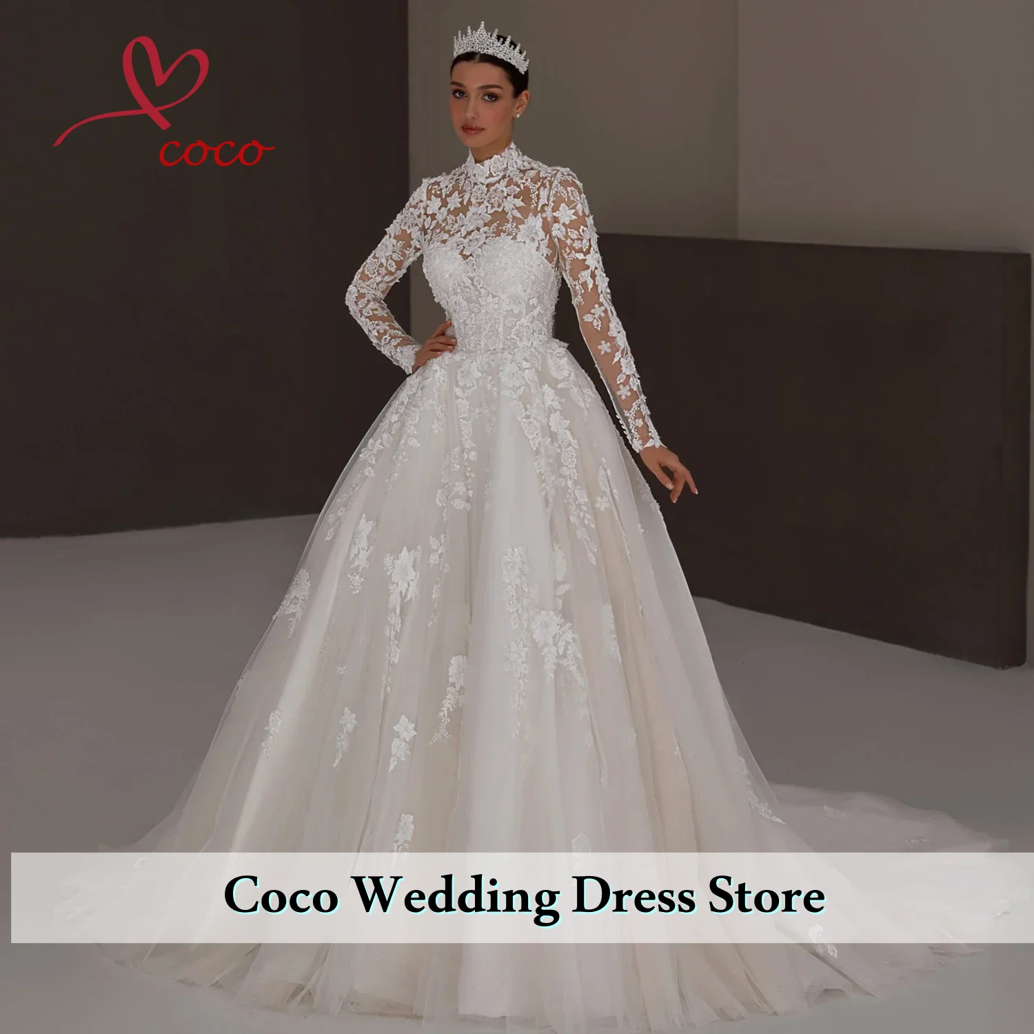 Customized  Bride Wedding Dress High Neck Long Sleeves Beading Applique Illusion Back Buttons Bridal Gown Vestidos De Novia
