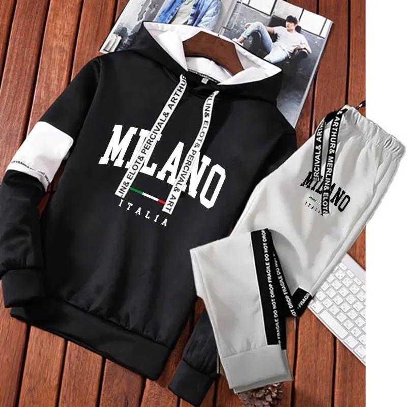 Men Milano Letters Print Sweatshirt Set Hoodies Sweatpants Tracksuit Design Outfits Jogger Suit Male Pullover Luxury Streetwear