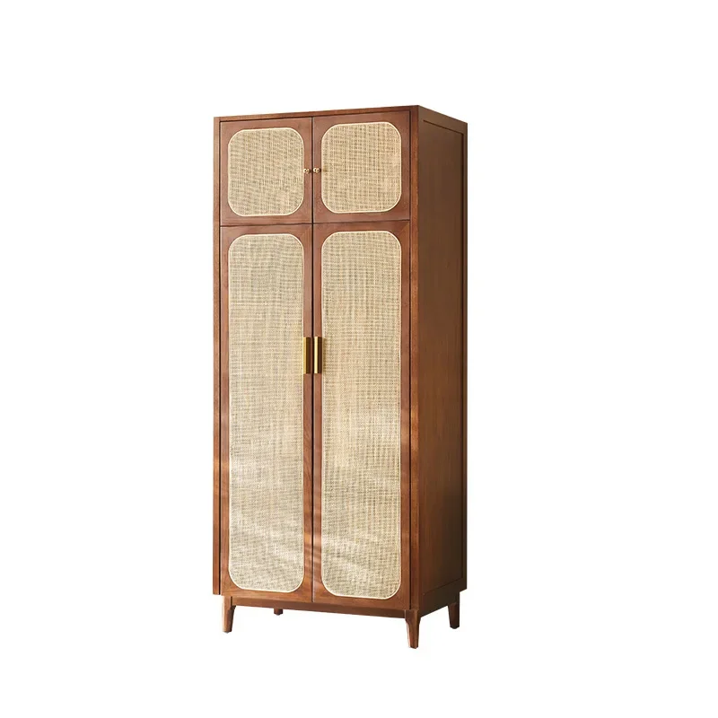 

Nordic solid wood wardrobe home retro bedroom storage locker rattan double door wardrobe