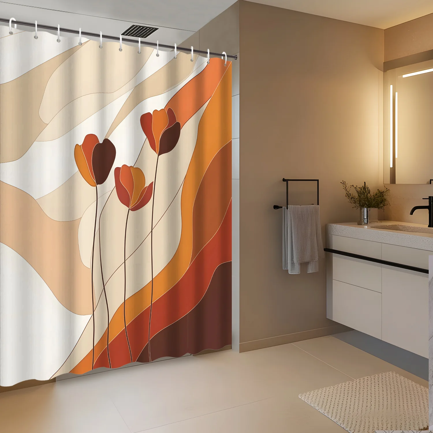 1pc Abstract Art Geometric Line Floral Illustration Shower Curtain Partition, with 12 Hooks, Bathroom Decor