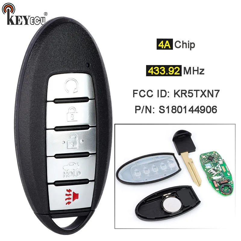 

KEYECU 433.92MHz 4A Chip FCC ID: KR5TXN7 Continental: S180144906 Smart Remote Key Fob 4+1 5 Button for Nissan Maxima 2019-2021