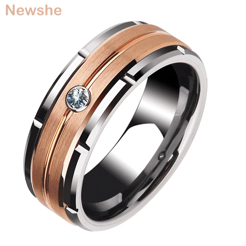 Newshe Men\'s Charm Wedding Band 8mm Tungsten Carbide Promise Rings For Men Brown Color White Zircon Jewelry TRX051 Size 8-13