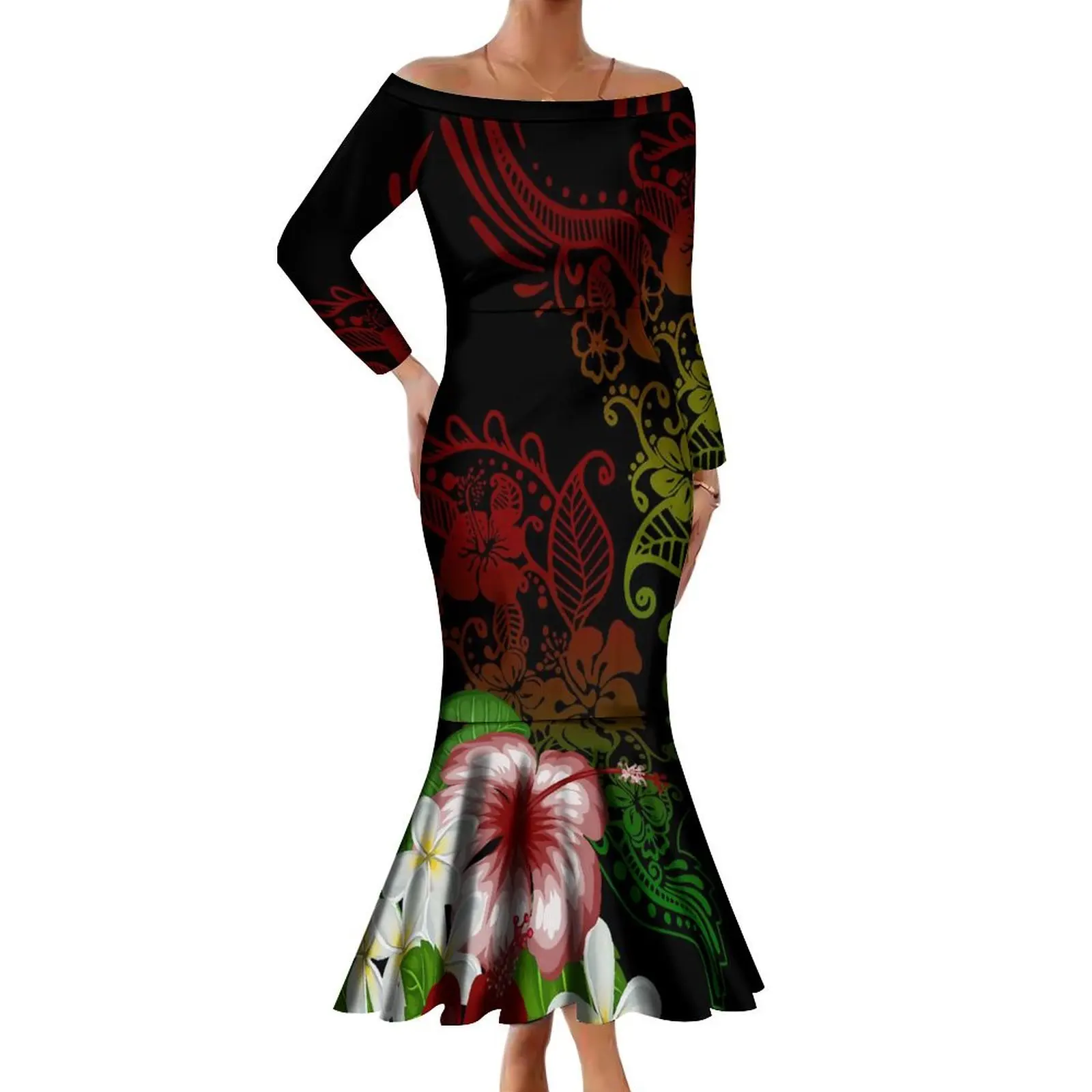 

Polynesian Flower Print Custom Tribal Ethnic Design Dress Autumn Long Sleeve Slim-Fit Temperament Fishtail Skirt New Long Dress