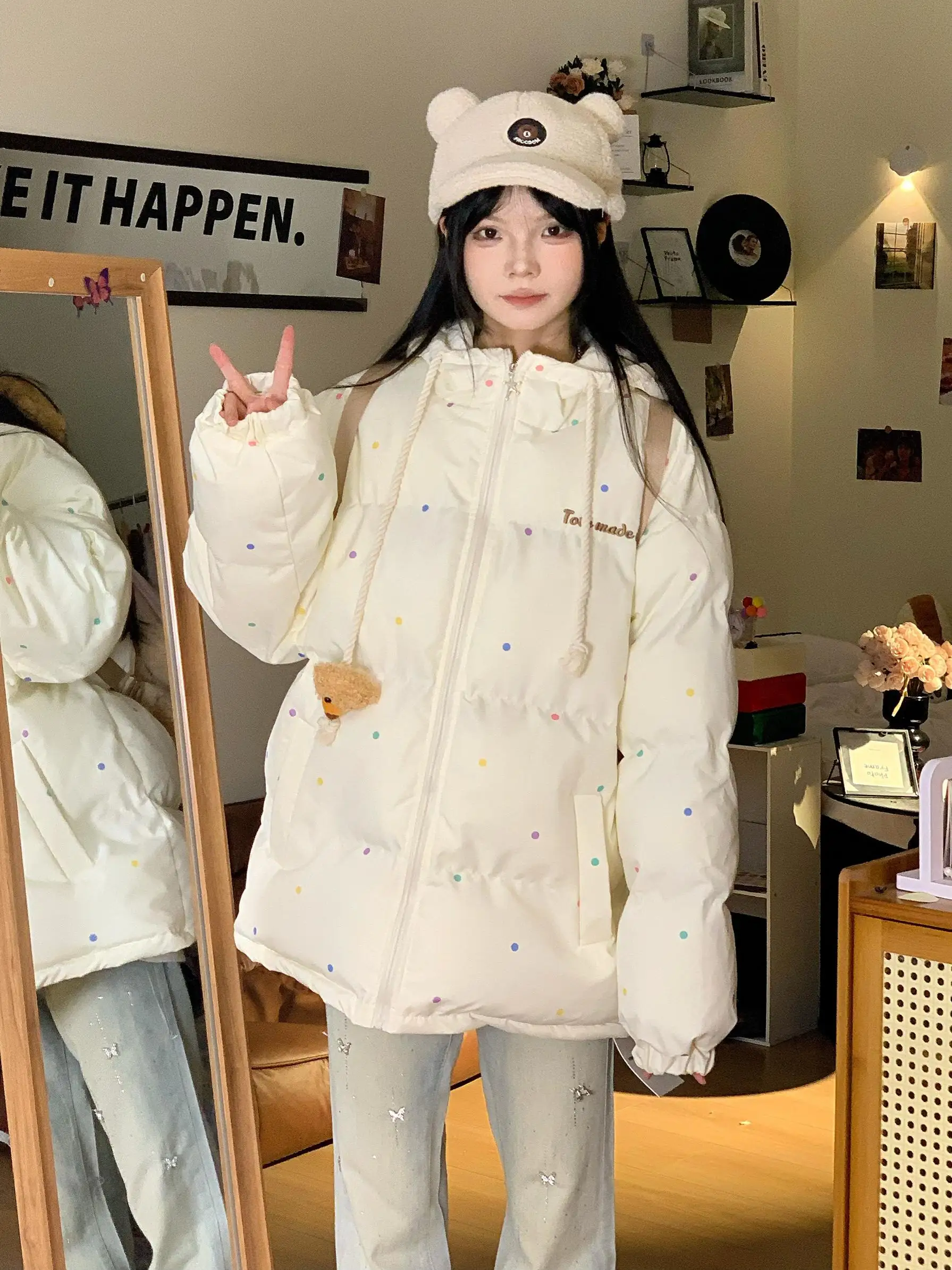 

Original Design Bear Hooded Cotton Jaet Thiened Warm Bread Sle Coat Long Sve Zipper Closure Sweet Sle Women's Coat