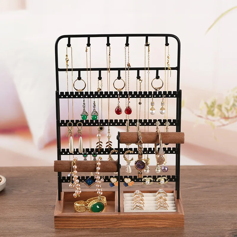 Jewelry Organizer Storage Holder Display Stand with Ring Tray 4-Tier Earring Bracelet Necklace Wood Box For Women