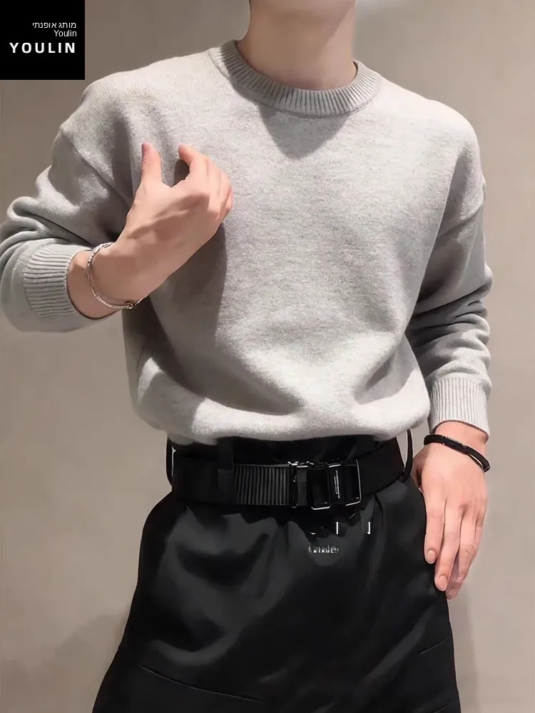 

Gray American Style Knitted Sweater Men's Winter Inner Wear Fleece Lined Base Layer Shirt Lazy High End Feeling Coat
