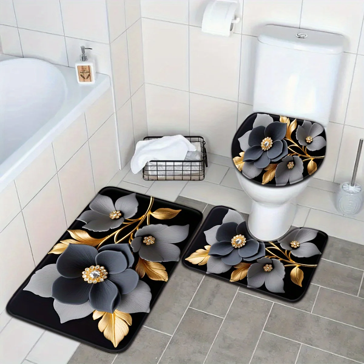 

Набор из 3 черных и золотых ковриков для ванной с цветочным принтом — нескользящий устойчивый к выцветанию полиэстер, элегантный декор для унитаза и душа