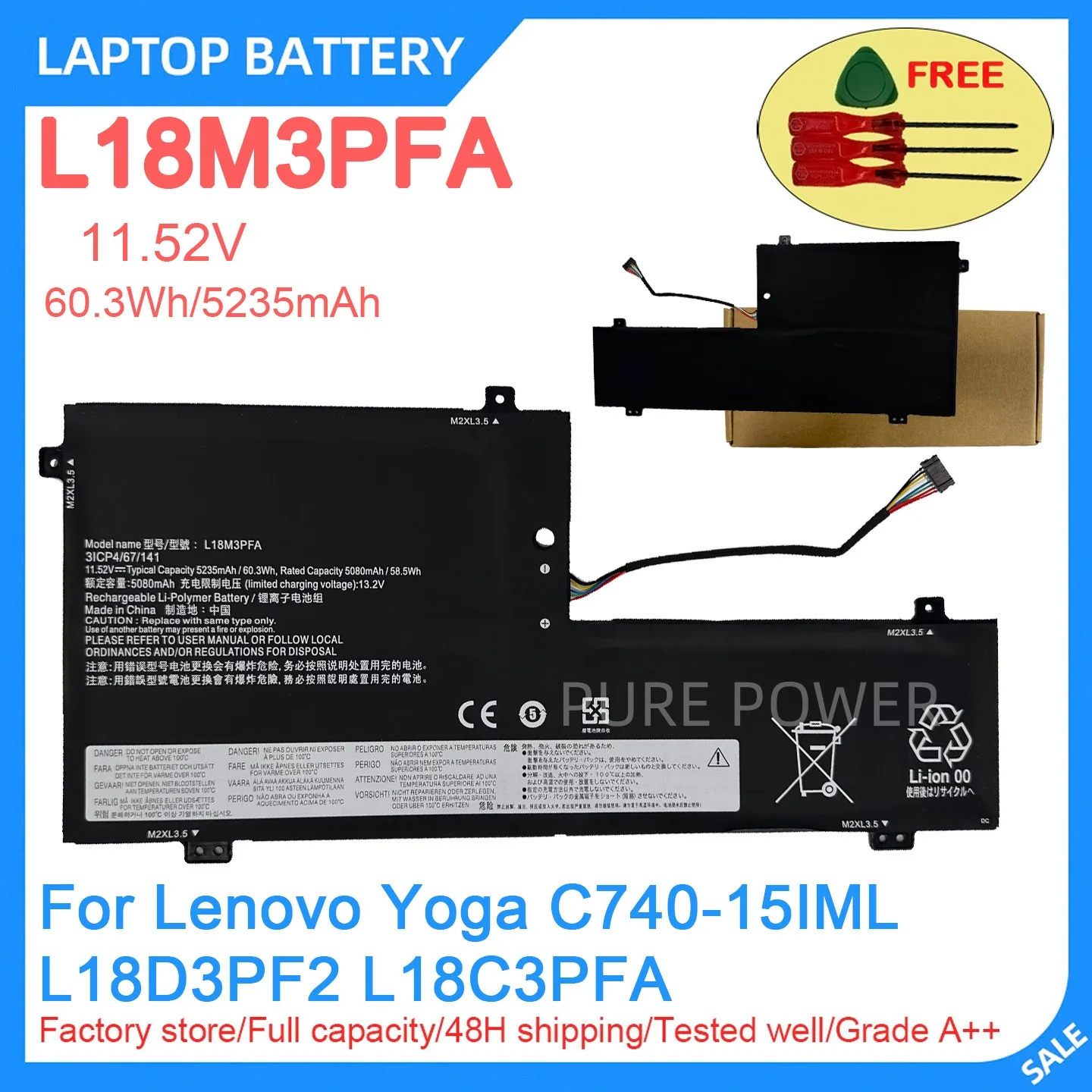 New Laptop Battery L18M3PFA 11.52V 60.3Wh 5235mAh High Quality For Lenovo Yoga C740-15IML L18D3PF2 L18C3PFA