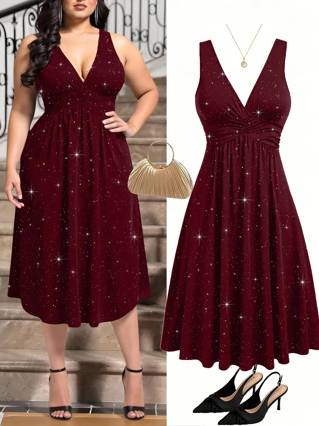 Elegant Plus Size Shimmer V Neck Ruched Dress