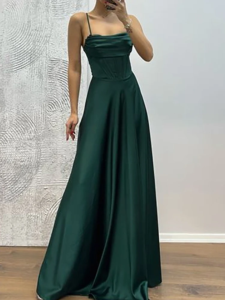 ชุดราตรีผ้าซาตินแบบเปิดไหล่ สายเดี่ยว เอวสูง ทรงเข้ารูป ดีไซน์หรูหรา แขนกุด สีพื้น