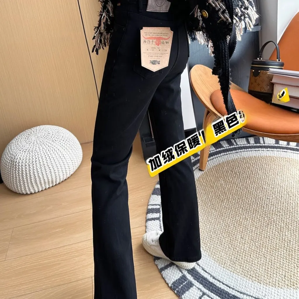 

Черные расклешенные брюки для женщин, зимние облегающие бархатные джинсы, четырехсторонние эластичные модные эссенции Zui Love F111204