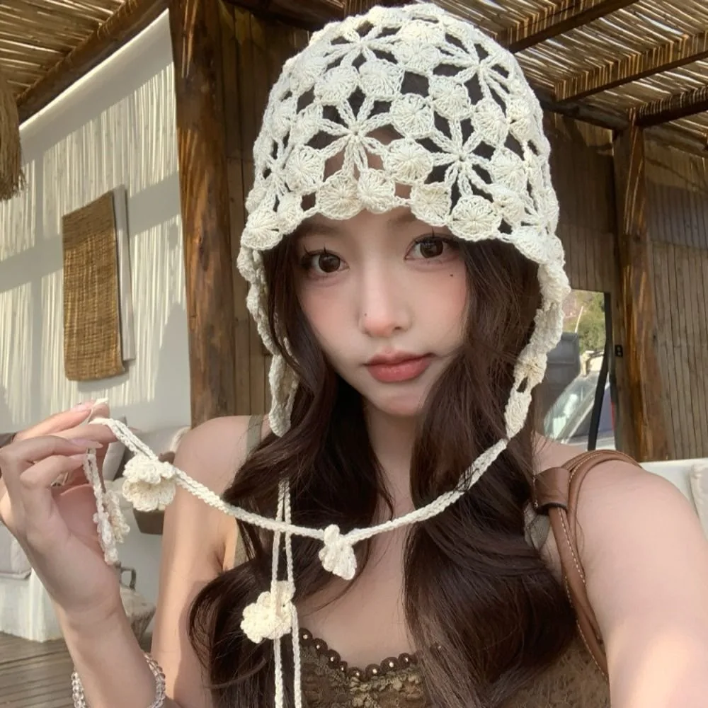 

Fashion Tassel Hollowed Out Knitted Hat Floral Elegant Bohemian Style Beanies Korean Thin Weave Cap Spring Summer