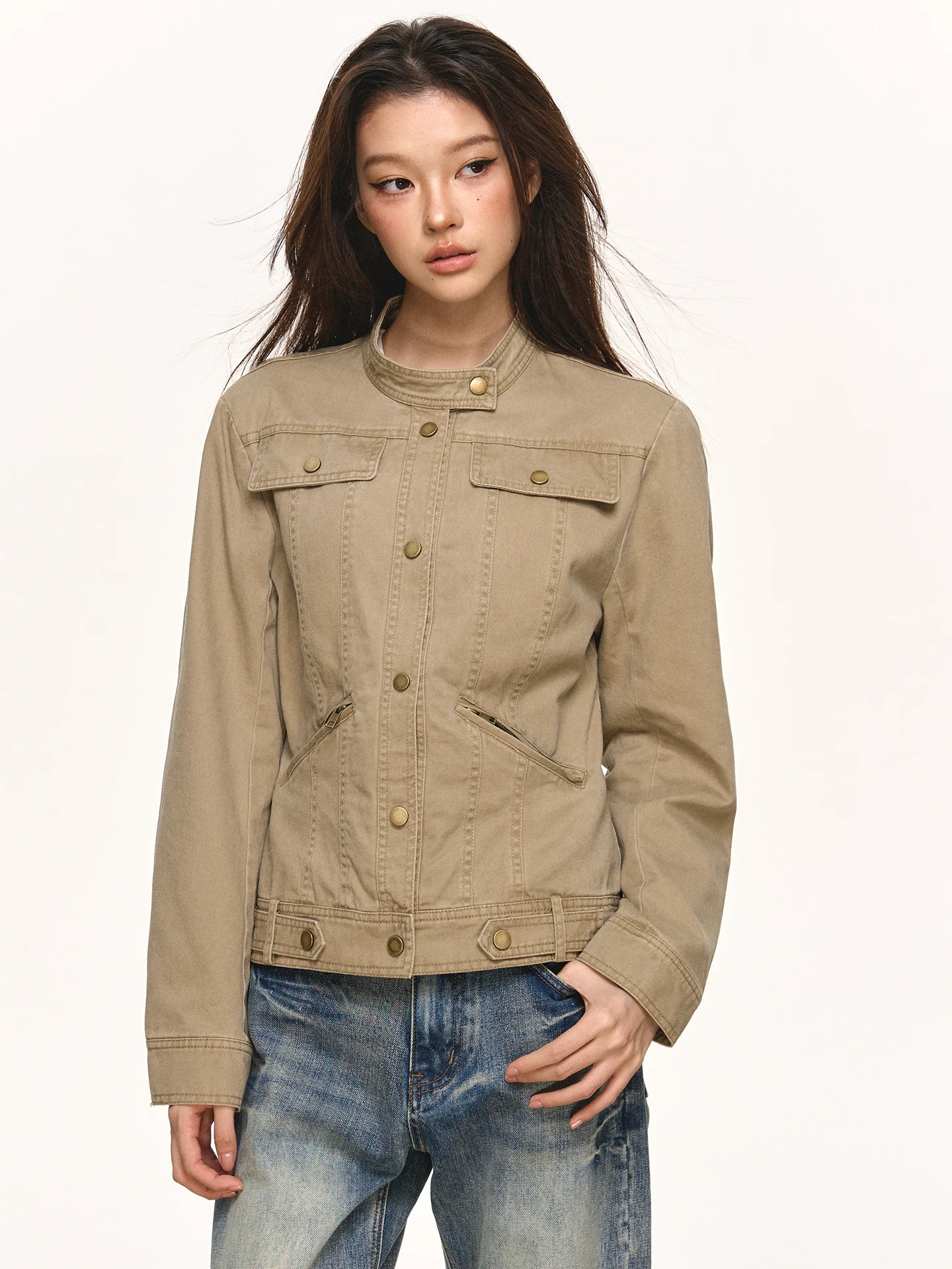 

Anna Aneae Vintage Waed ort Denim Jaet Women's Spring Autumn Khaki Stand Collar Workwear Sle Loose Fit Ladies Coat