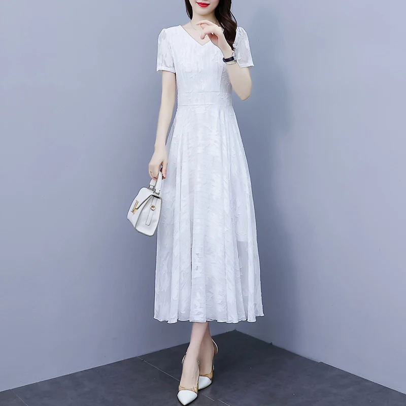 Women White Chiffon Long Dresses Summer Female V Neck Short Sleeve Large Size 5XL Elegant A Line Jacquard Pleated Loose Vestidos