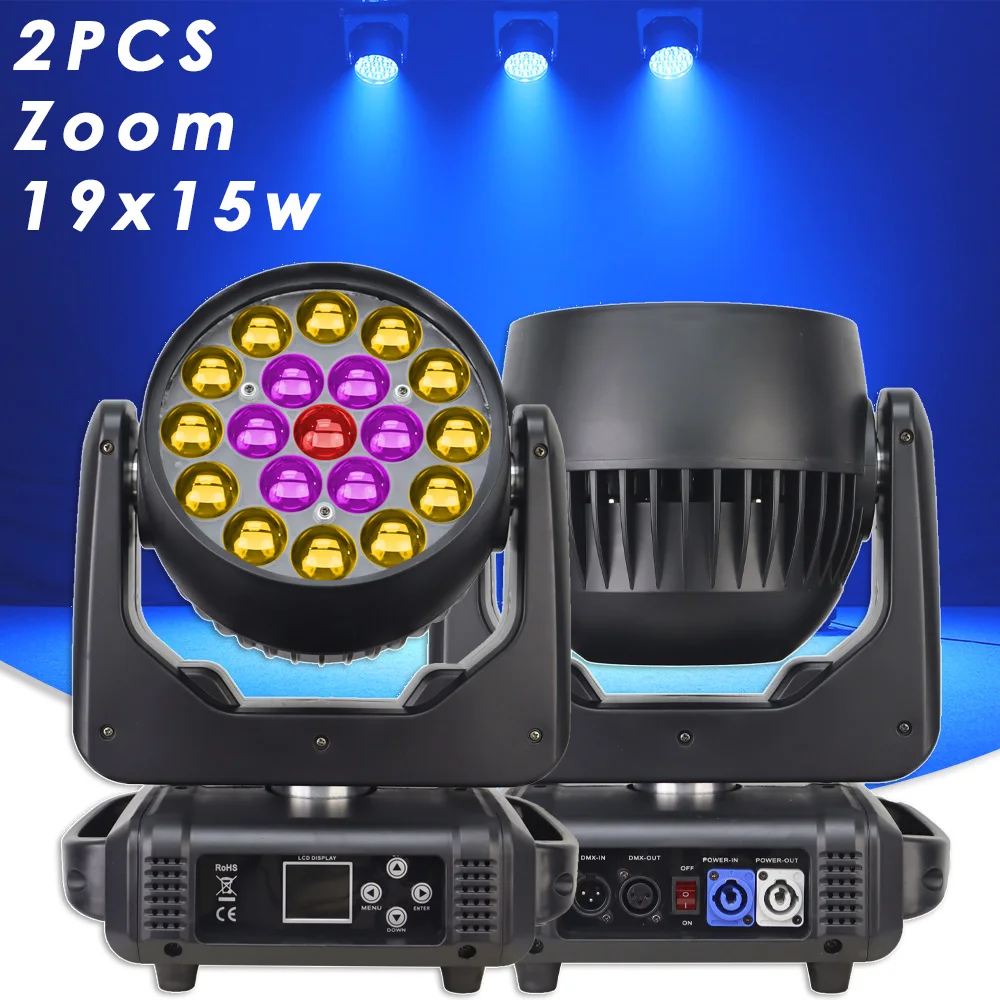 2PCS Zoom Wash Beam 19x15W RGBW LED Moving Head Lighting Disco Dj KTV Party