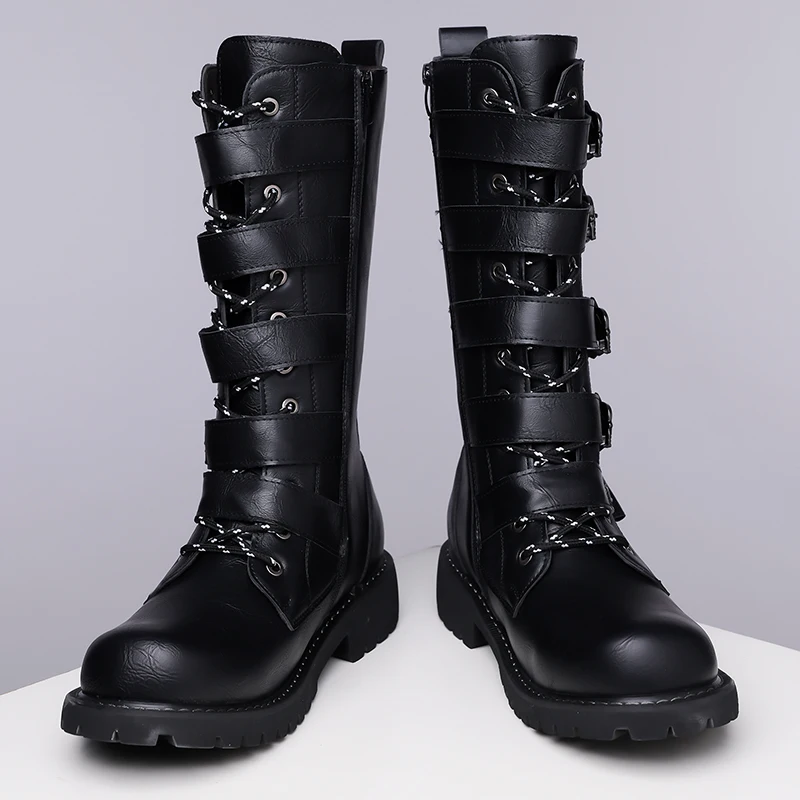Winter Men Fashionable Boots with Belt Buckle Decoration Side Zipper Anti Slip Personalized Youth Knight Boots