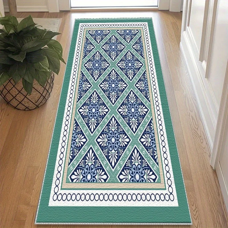 Sage Green Vintage Floral Runner Rug Distressed Ornament Pattern Floor Mat Farmhouse Traditional Decor Carpet Kitchen