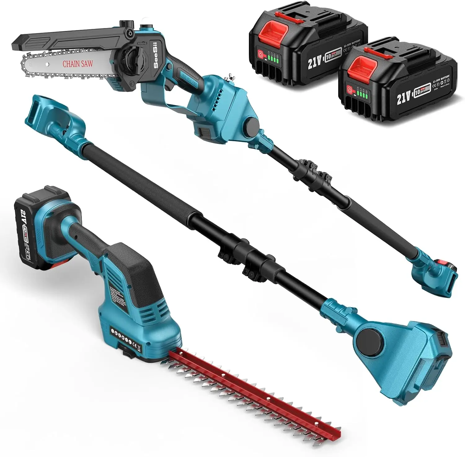 SEESII 6-in-1 Cordless Pole Saw & Hedge Trimmer Grass Shears Combo Kit Electric Mini Chainsaw with 2.5m Extension Hedge Trimmer Grass Shears for Makita 18V Battery Pin