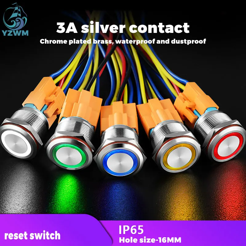 12/16/19/22mm High Head Led   Metal  Button Switch Light Waterproof Button Automatic Reset Self Locking Power Symbol Button with