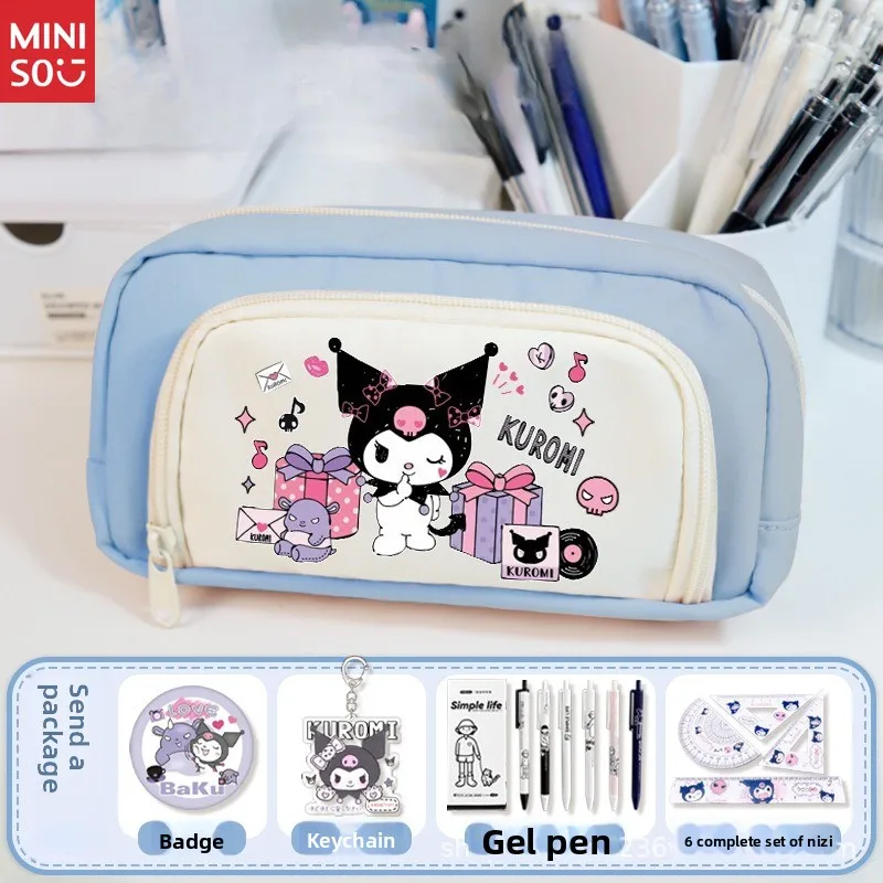 Miniso Kuromi Estojo de lápis Suporte de caneta de anime fofo, material escolar de grande capacidade para meninas, ensino médio