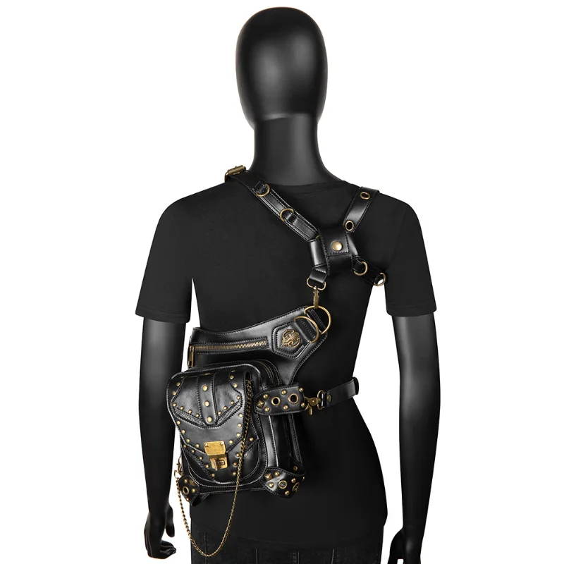 Chikage Steampunk Rivet Motorcycle Bag Women's One Shoulder Crossbody Bag Women's Chain Fanny Pack Vintage Style Waist Pack