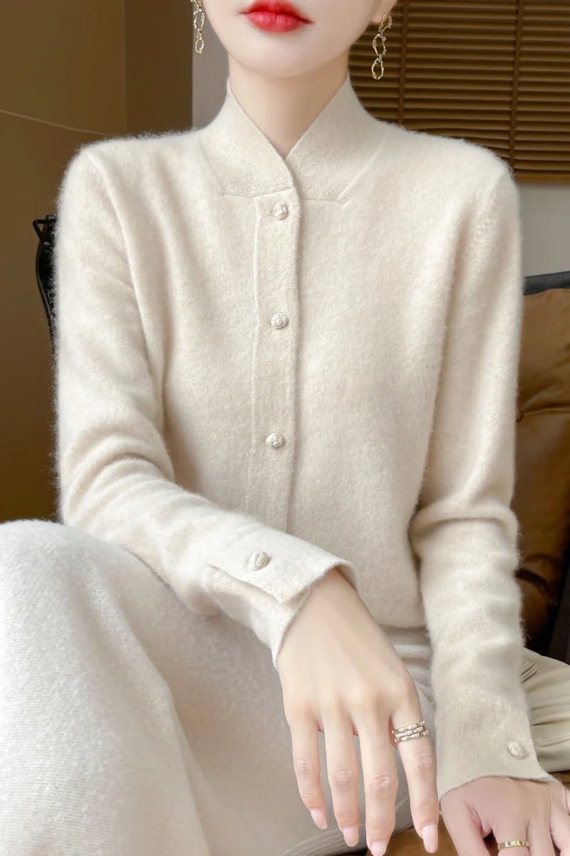 

New Chic Women Autumn 100% Merino Wool Knitwear Cheongsam stand up collar cardigan Soft Warm sweater Chinese style sweater