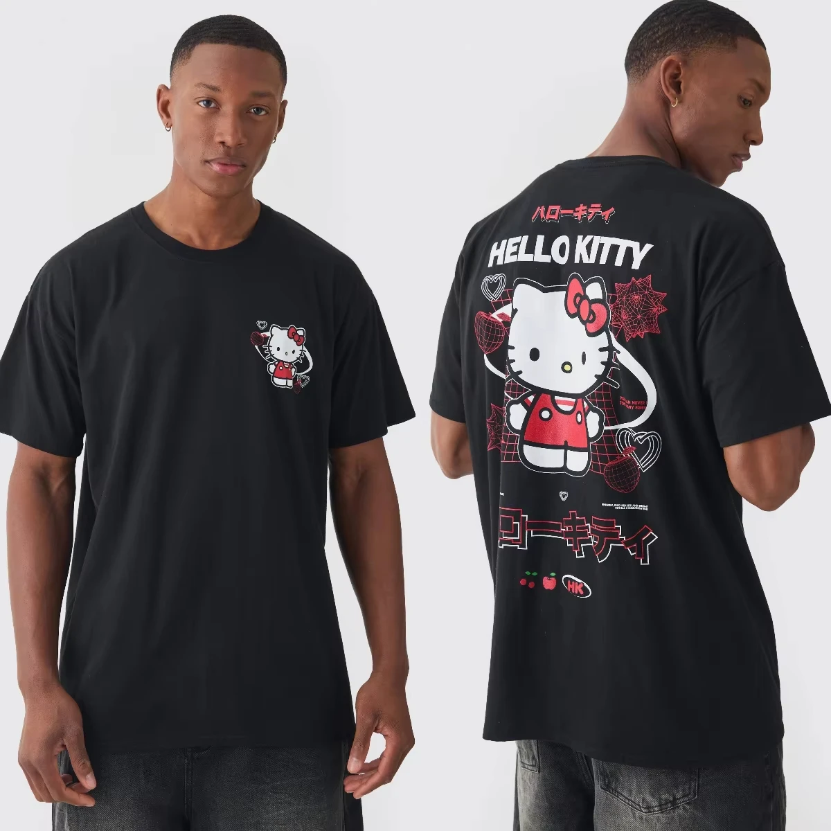 

Летняя футболка Hello Kitty 2026 года, темно-синяя, двусторонняя, 100% хлопок, с принтом, с коротким рукавом, для мальчиков и девочек, парные комплекты для родителей и детей