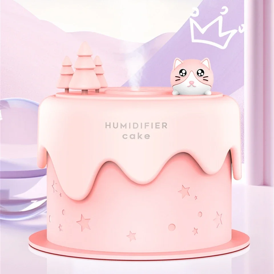 Mini humidificateur d'air USB à ultrasons avec lampe LED, brumisateur frais, brumisateur, muet, mignon, gâteau de chat, chambre et bureau, 300ml