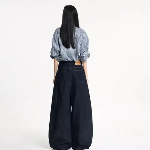 रेट्रो मिनिमलिस्ट डेनिम ब्लू वाइड-लेग कर्व्ड-हेम जींस यूनिसेक्स रिलैक्स्ड फिट वर्सेटाइल ट्राउज़र 10 best sales पेटिट जींस - №10