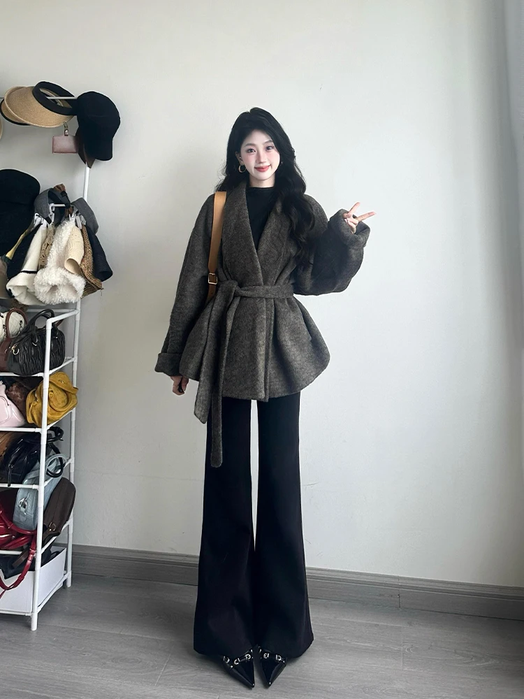 

Ay шерстяное пальто и брюки, женский комплект больших размеров, модная зимняя одежда, брюки с высокой талией, расклешенные брюки, теплые повседневные брюки