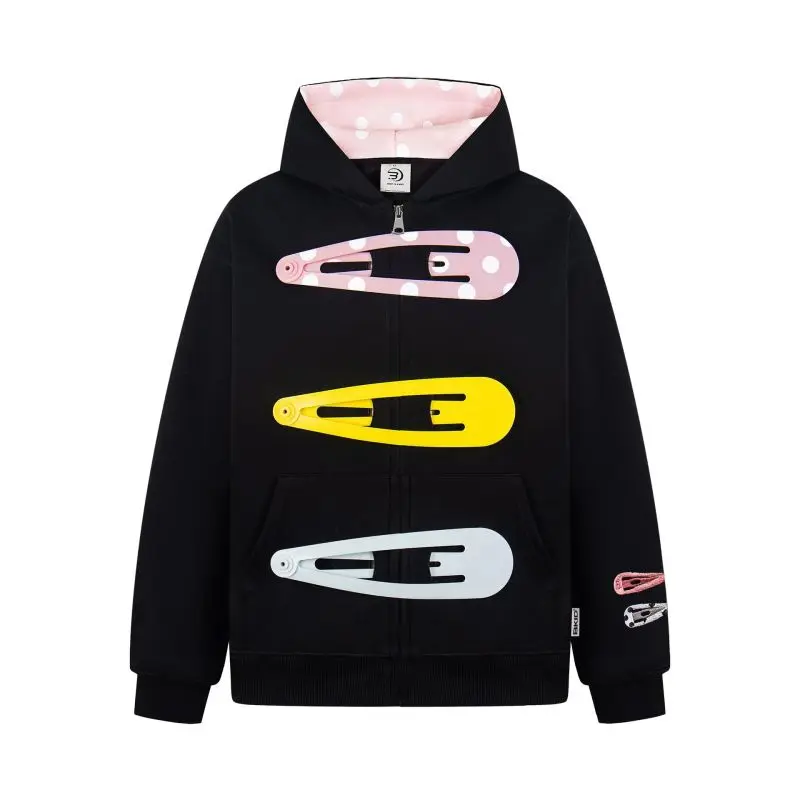 Autumn Winter New Zip Up Hooded Cardigan Sweatshirt Fleece Lined 3D Big Hair Clip Decor Design Casual Outerwear Hoodie Coat