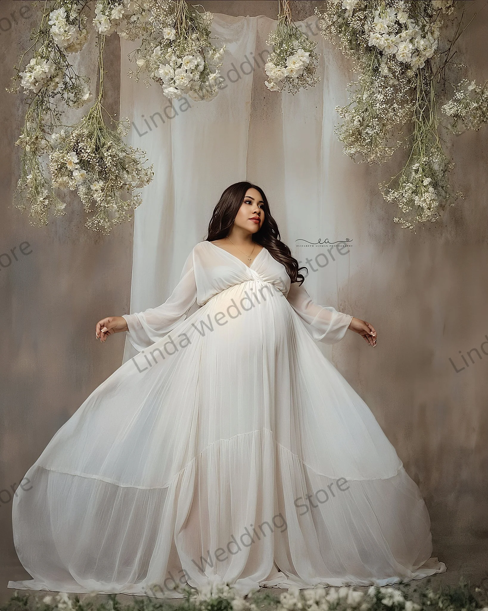 Skromna suknia ciążowa w kolorze kości słoniowej do sesji zdjęciowych, fason A, dekolt w serek, bez rękawów, suknia galowa, szyta na miarę, seksowna suknia ciążowa na baby shower.