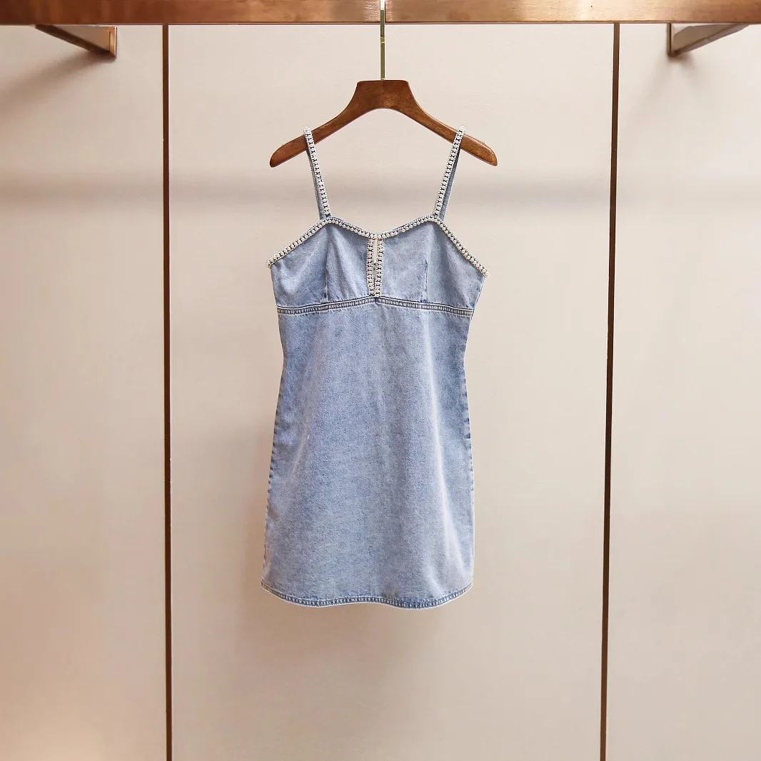 

Sexy A-Line Hollow out Denim Dress with Knot And Diamond Embellishment High Waist Commute Style Women's Dress