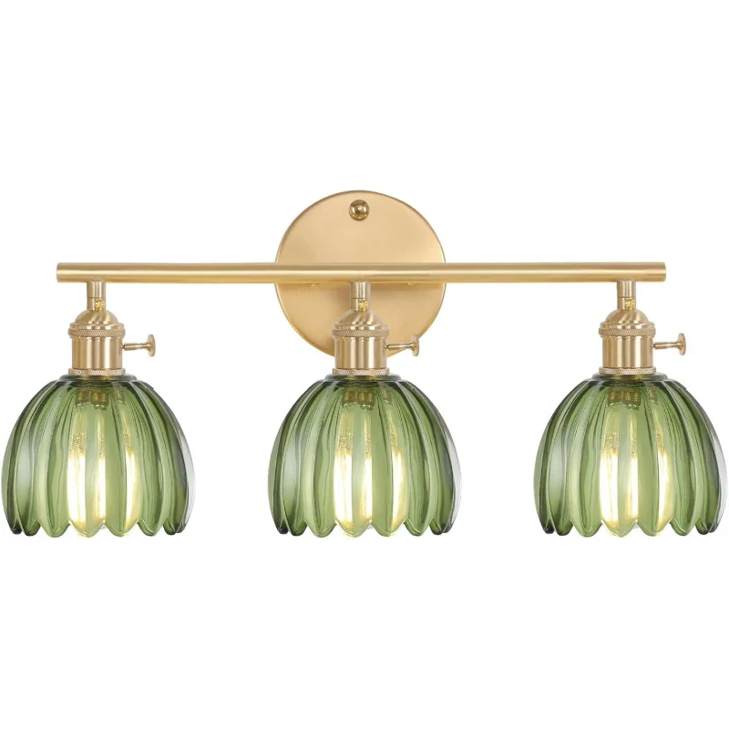 

3-Light Brass Vanity Wall Light - Green Tulip Glass Shade, Ideal for Bathroom Over Mirror, Bedroom & Living Room