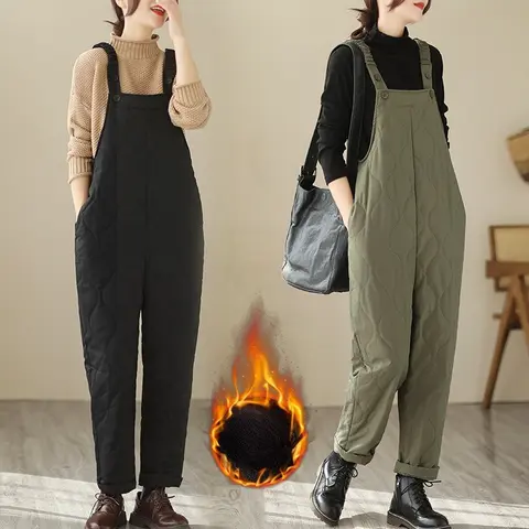 Women's Vintage Quilted Jumpsuit Overalls Loose Harem Cotton Pants Thickened Warm Windproof Slim Casual Autumn Winter Style