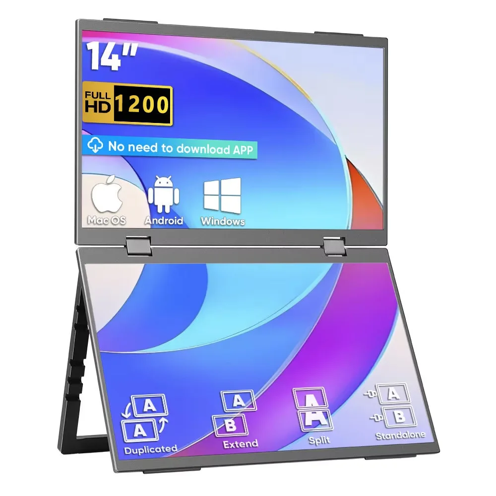 14 Inch Dual Portable Monitor 72%sRGB 1920*1200 FHD IPS with Stand Dual Screen Portable Display for Laptop PC Office Gaming