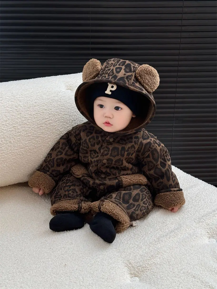 Autumn Winter Children Baby Girls Boys Cotton Leopard print Jumpsuits Single-Breasted Cute Chic Baby Overalls Kids One-piece pan