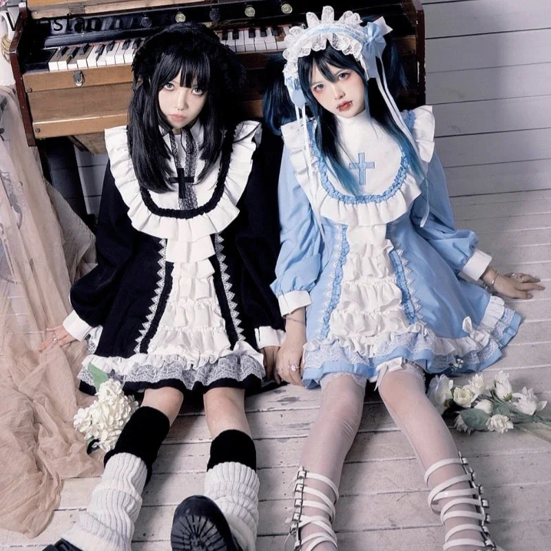

Japanese Gothic Lolita OP Dress Women Victorian Cross Embroidery Ruffles Cosplay Witch Maid Dresses Girls Sweet Party Dress 2023