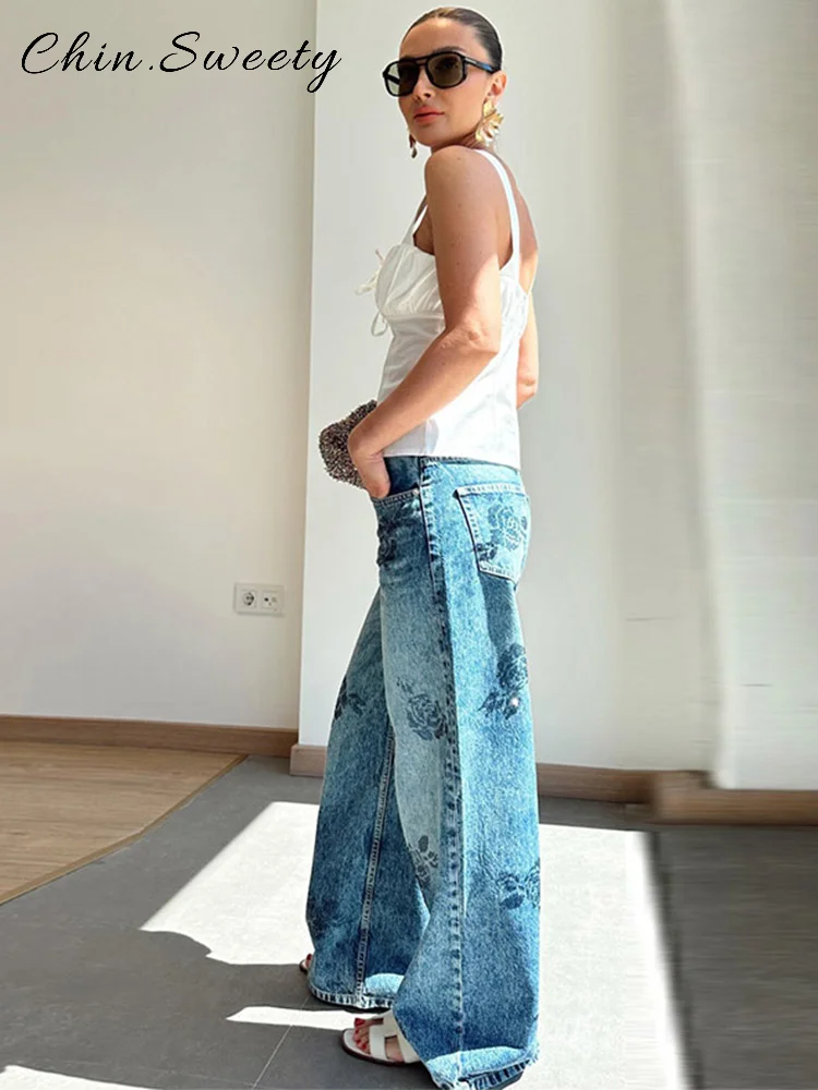 Mode Strass Gedrukt Denim Broek Vrouwen Solid Hoge Taille Rechte Wijde Pijpen Jeans 2025, Lente Zomer Dame Streetwears Nieuw