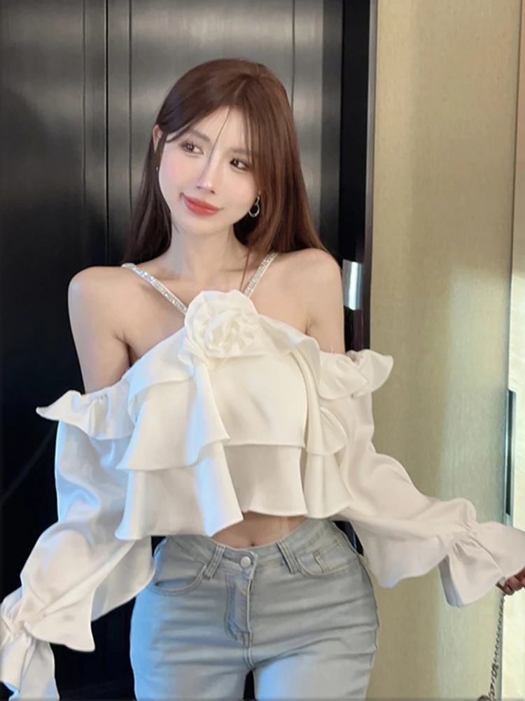 Summer Women Sweet Halter Collar Blouse Elegant Off Shoulder Flower Ruffles Crop Tops Female Fashion Beach Holiday Sexy Clothing