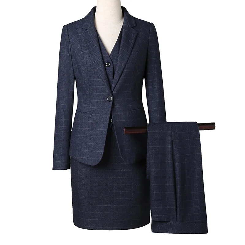 

Lenshin 4 Piece Plaid Set Office Ladies Blazer Vest Pant Skirt Suit Uniform Designs Women Business Suits for work Formal Wear