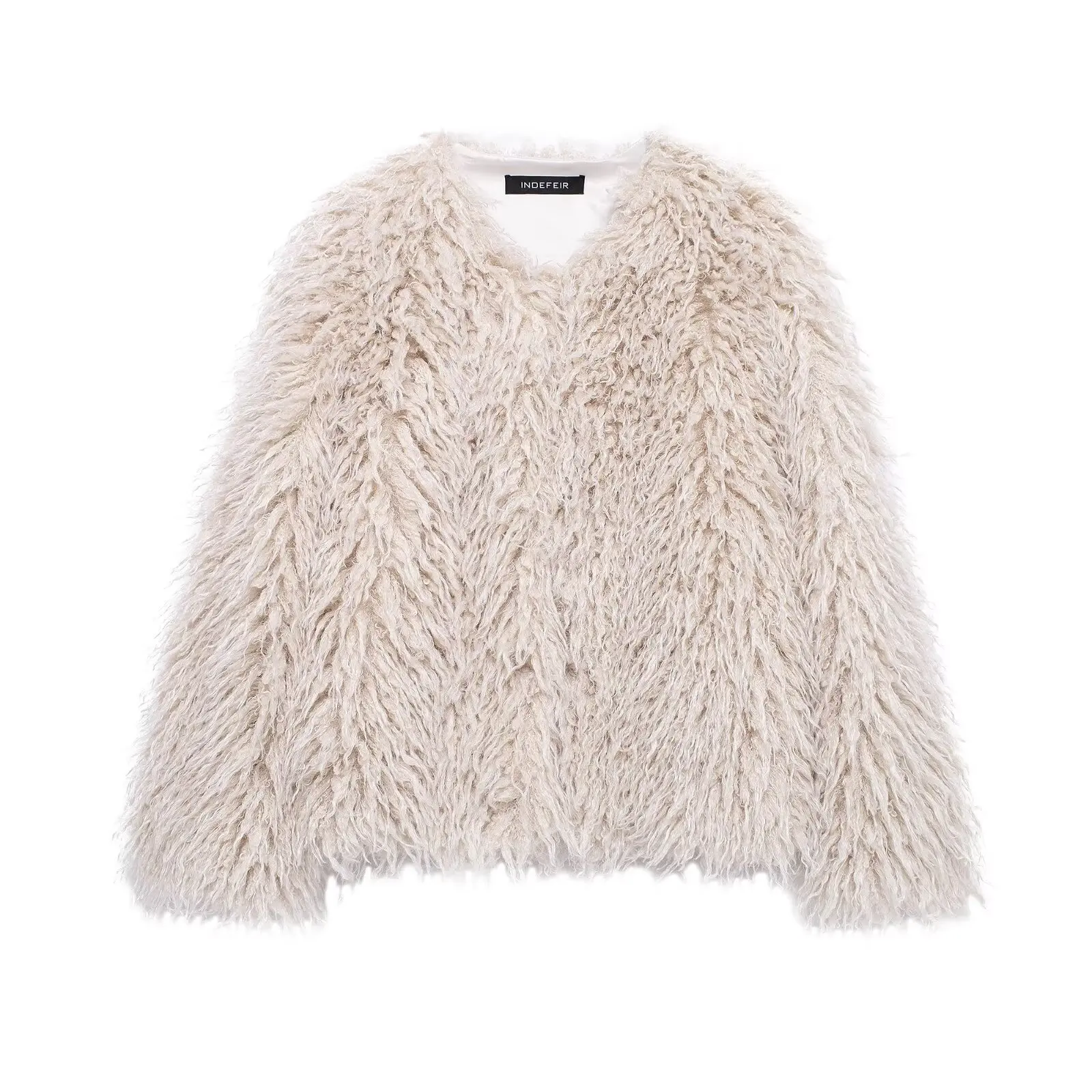 

Curly Women's Winter Mink Fur Jacket Solid Color V-Neck Full Sleeve Female's Eco Fur Outwear Short Highstreet Lady Faux Fur Coat